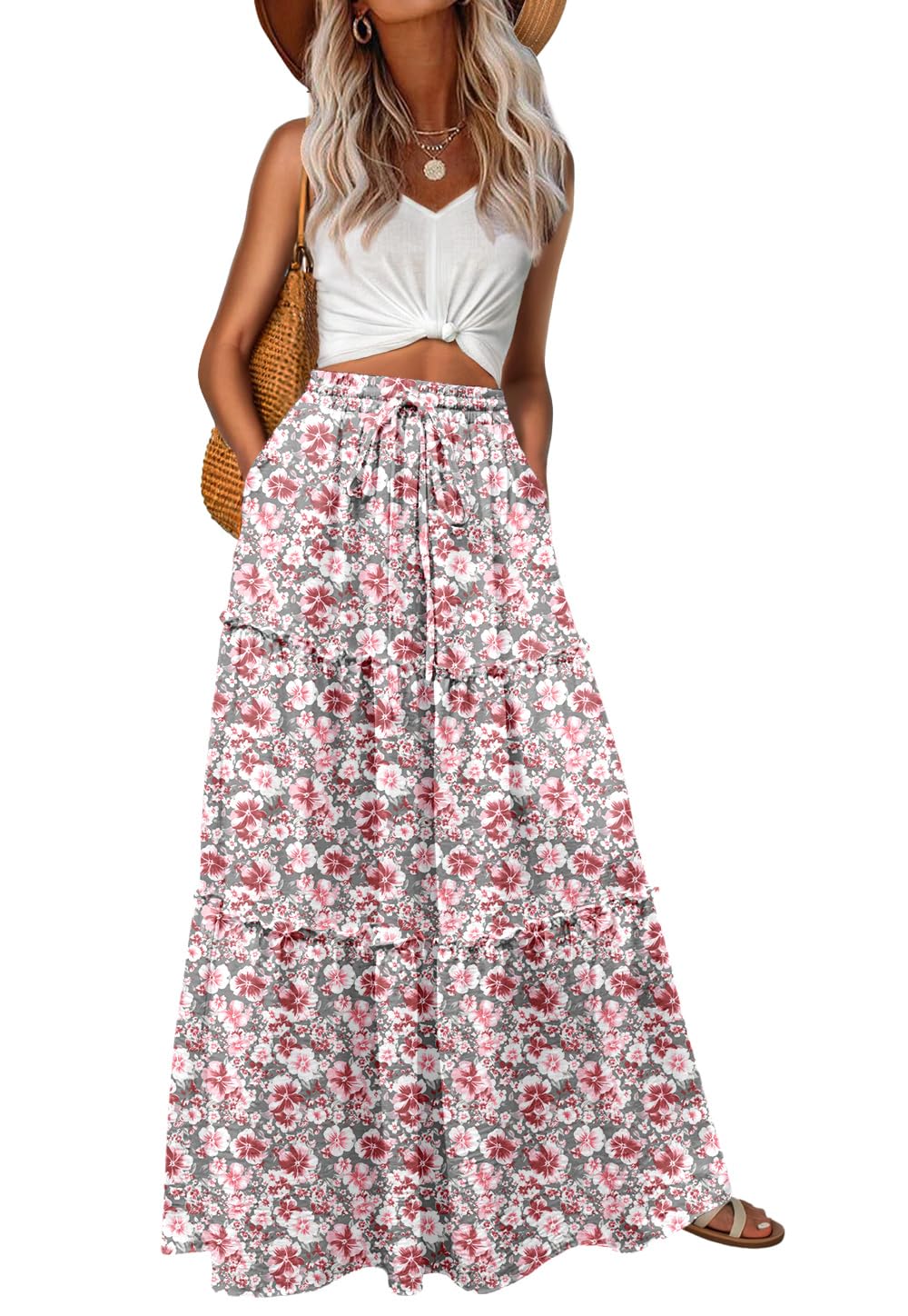 Lepunuo Womens Casual Boho High Waisted Flowy Maxi Skirts Tiered Floral Long Skirts with Pockets for Summer Beach Vacation