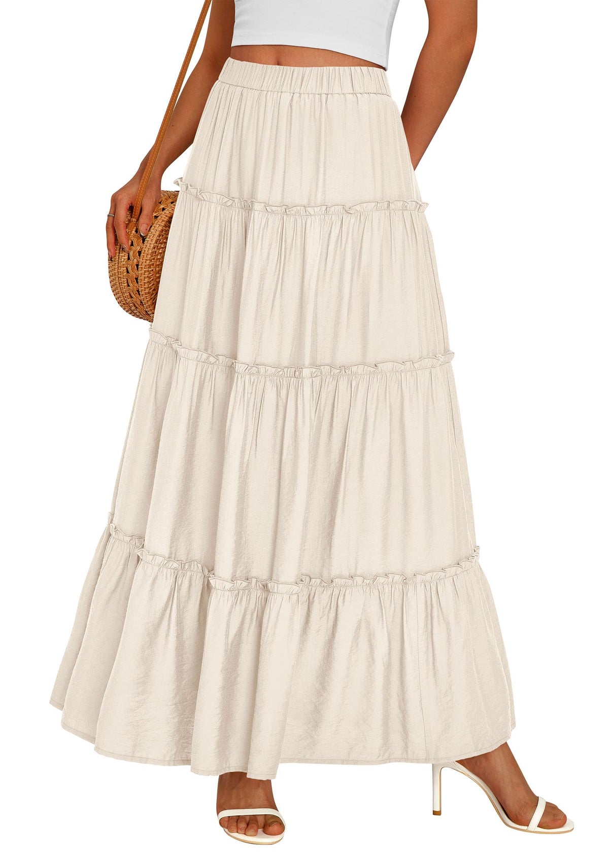 PRETTYGARDEN Women's Boho Tiered Ruffle Flowy Maxi Skirt