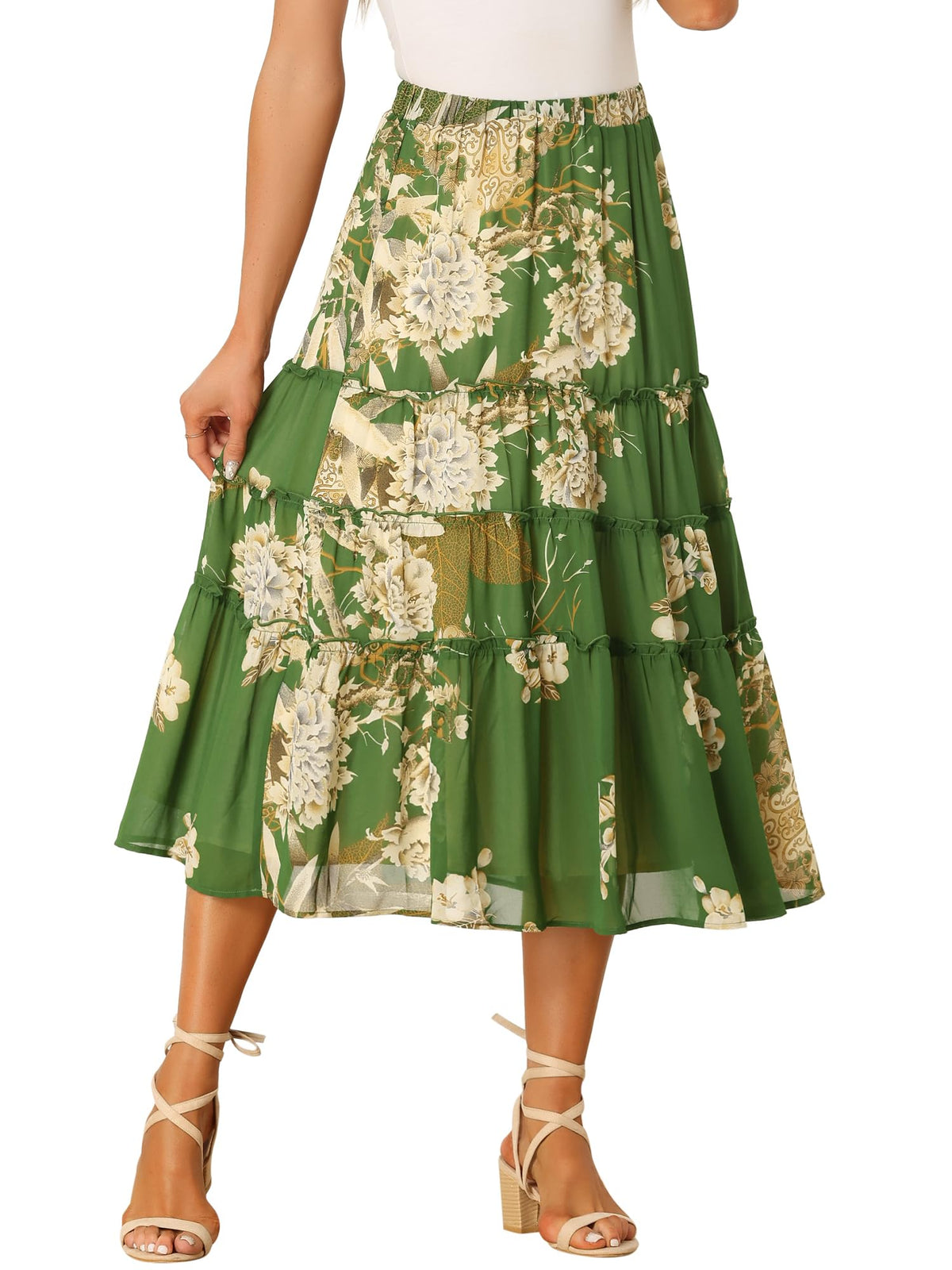 Allegra K Women's Floral Skirt Chiffon A-line Long Tiered Ruffle Maxi Skirt