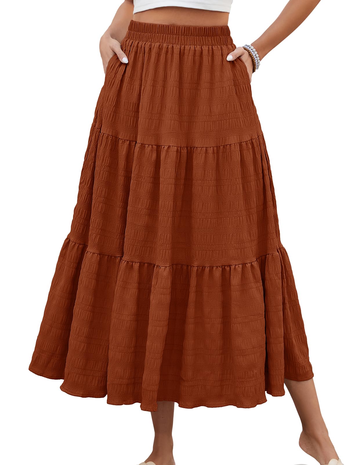 HUSKARY Women's Summer Casual Elegant Smock Layered Tiered Maxi Skirt High Waisted A Line Flowy Long Skirts with Pockets