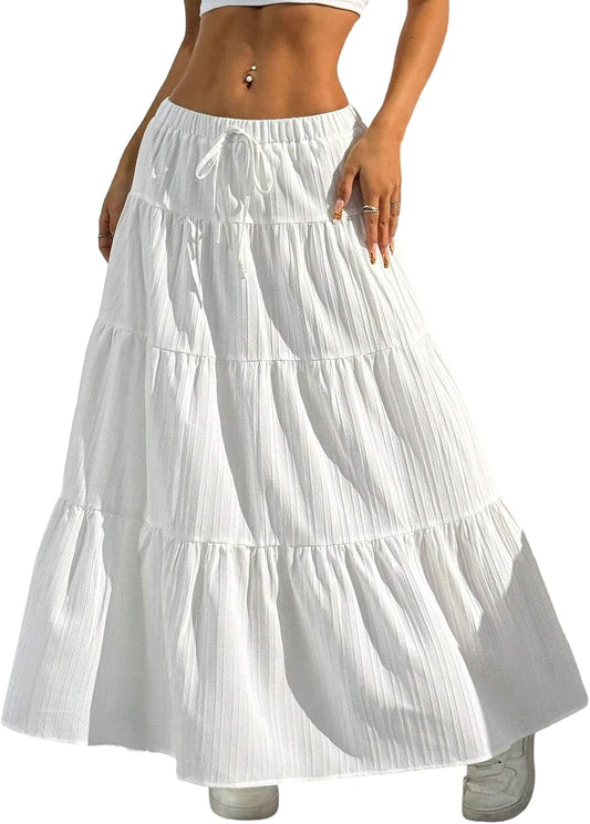 Maxi Skirt for Women Long Boho Flowy Ruffle Elastic High Waist