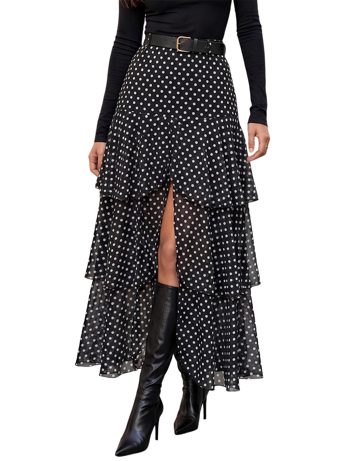 Wenrine Womens Mesh Maxi Skirt Polka Dot Front Split Tiered Plaid Skirts
