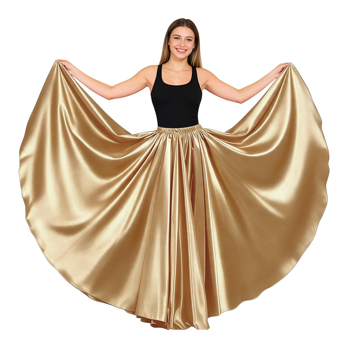 Women Satin Full Circle Ankle Length Swing Long Skirt Maxi Shiny Skirt for Party Cosplay Belly Dance Performance Costume