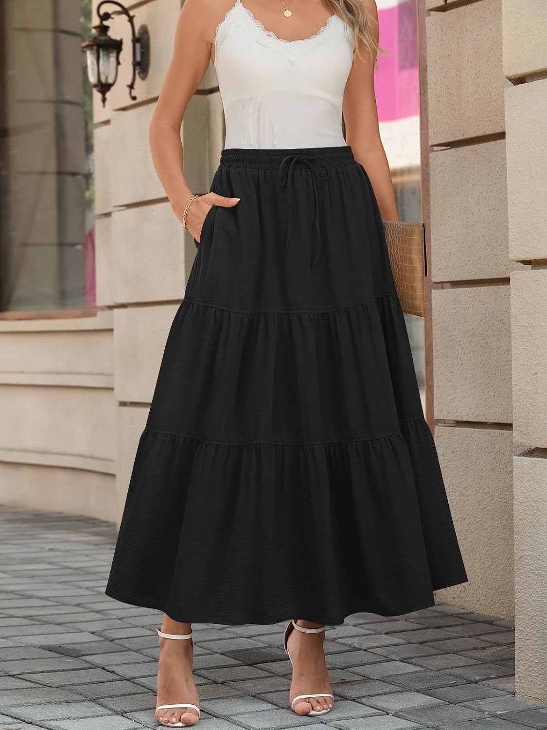 Addtoo Womens Maxi Skirt Pleated Tiered A-Line Elastic Waist Midi Skirt