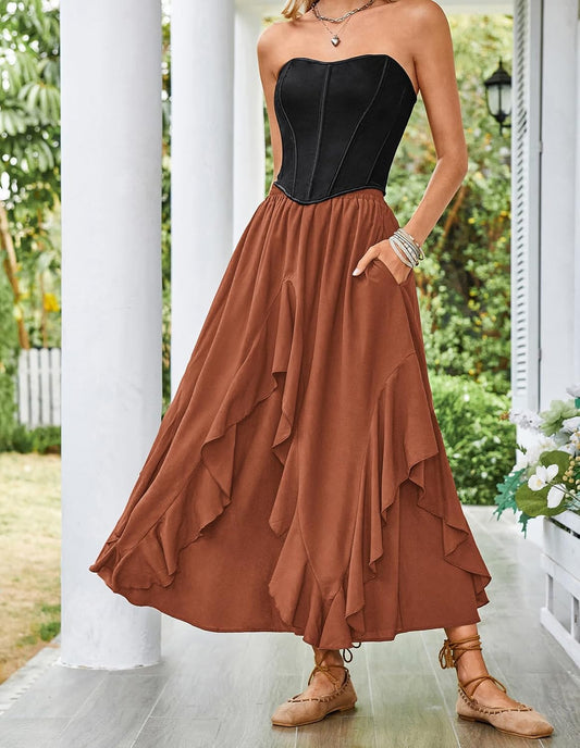 Scarlet Darkness Long Skirts for Women Ruffled Flowy Renaissance Maxi Skirt