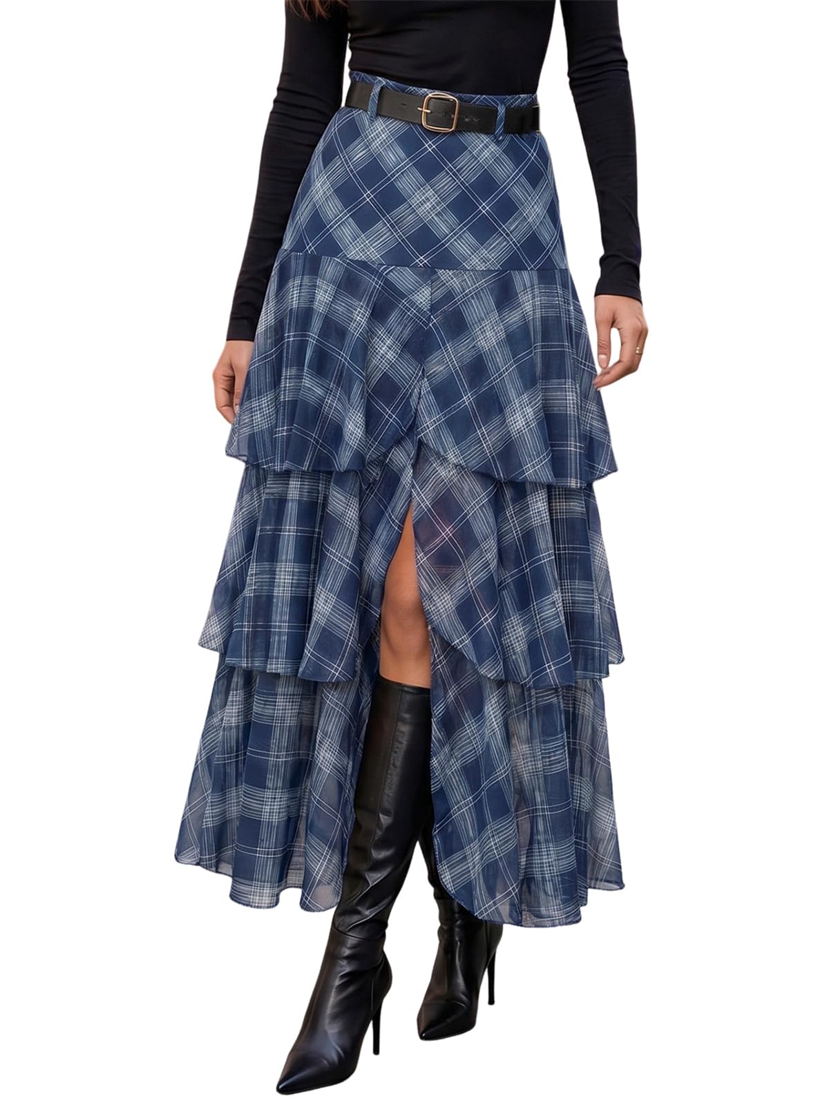 Wenrine Womens Mesh Maxi Skirt Polka Dot Front Split Tiered Plaid Skirts