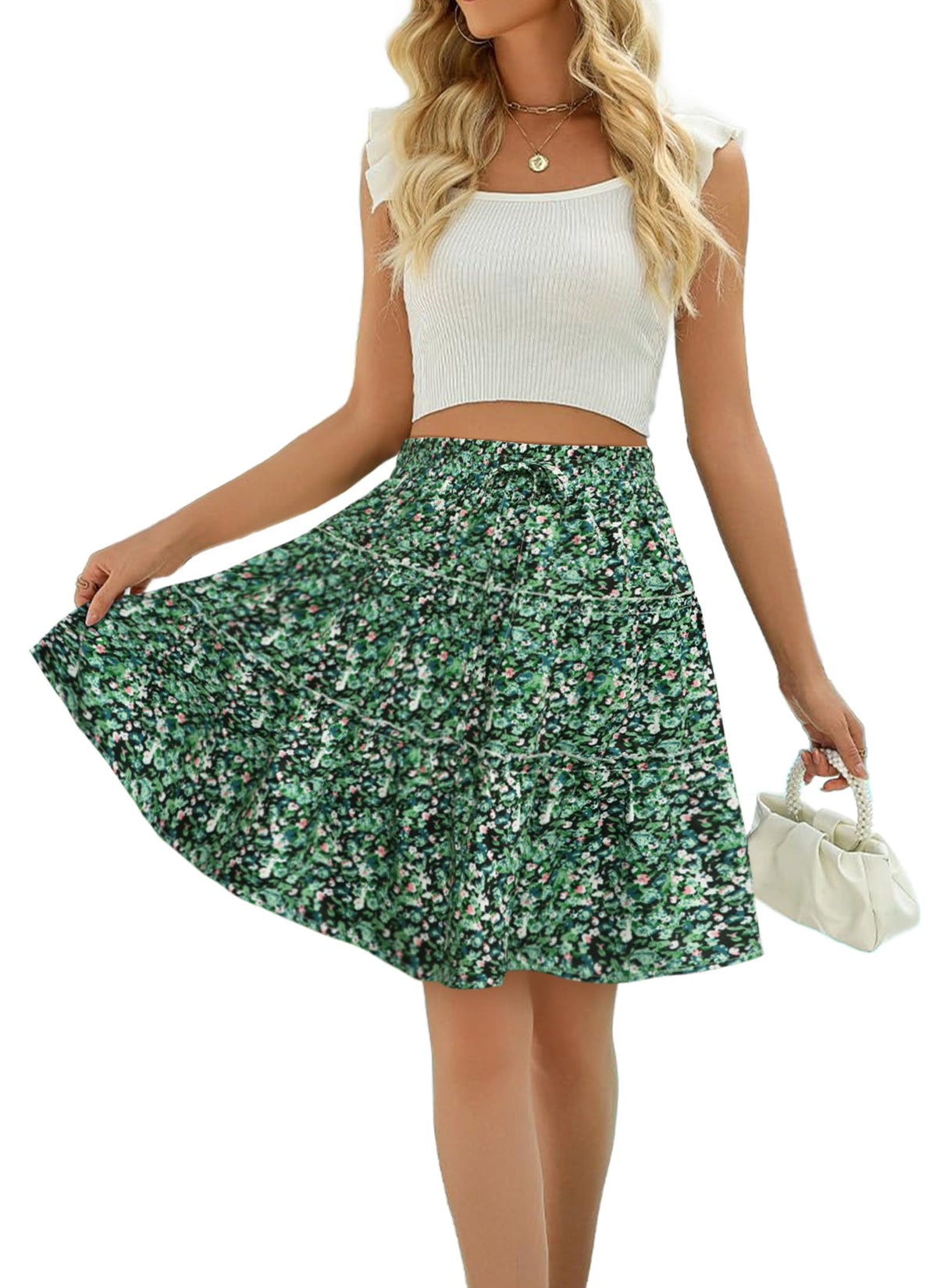 Women Summer A Line Skirt Flared Mini Elastic Waist Boho Beach Skirts