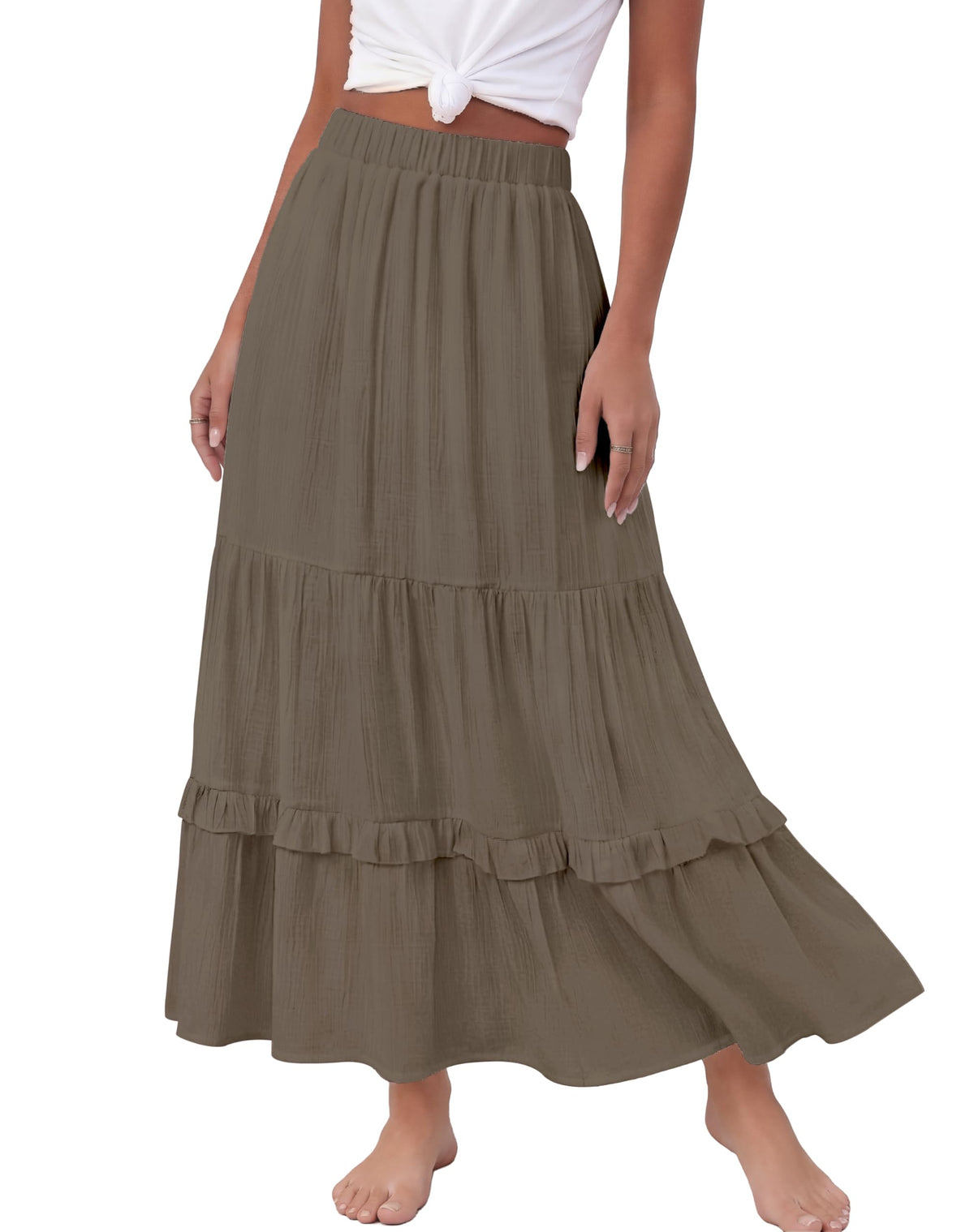 Annebouti 2026 Spring Summer Elastic Waisted Ruffle Long Skirt Flowy Tiered A-Line Maxi Skirts for Women
