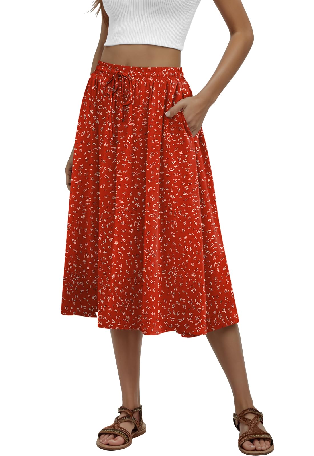 MLXSJ Women's Midi Skirt Summer Pleated Flowy Skirts with Pockets S-3XL