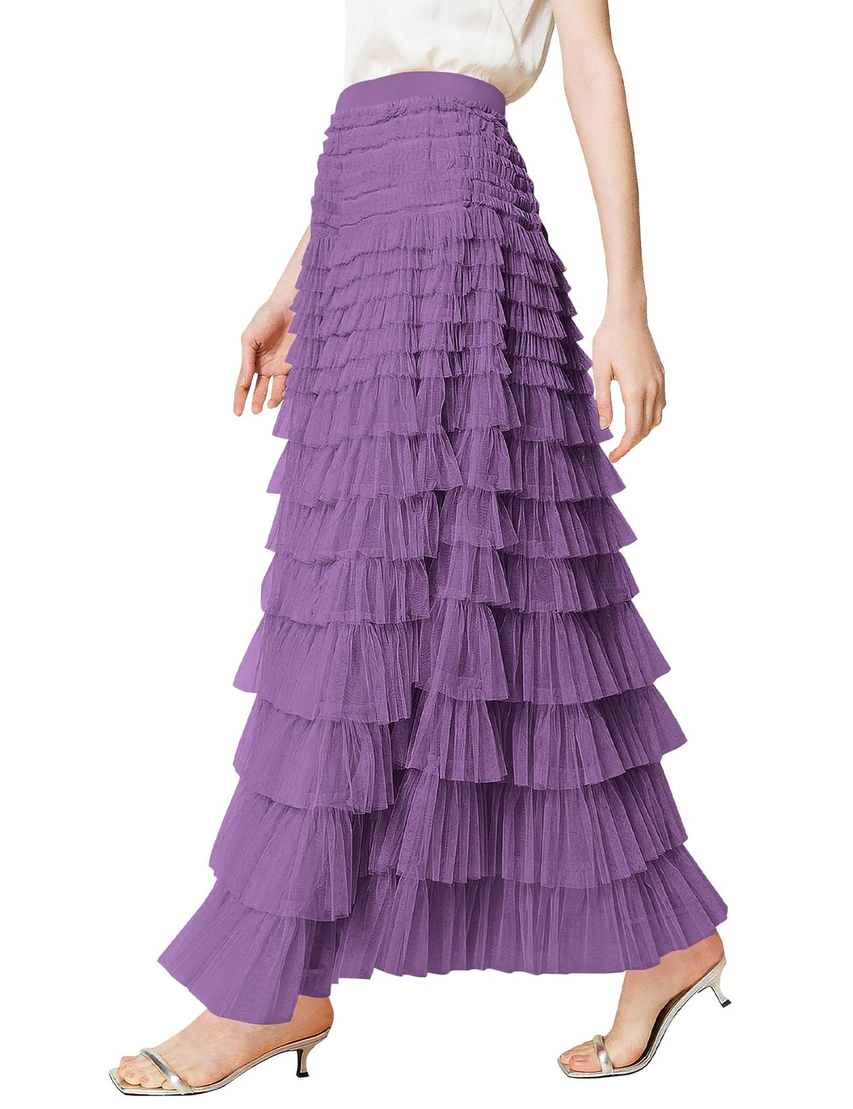 PEHMEA Womens Tulle Maxi Skirt High Waist Tiered A Line Layered Fairy Skirt