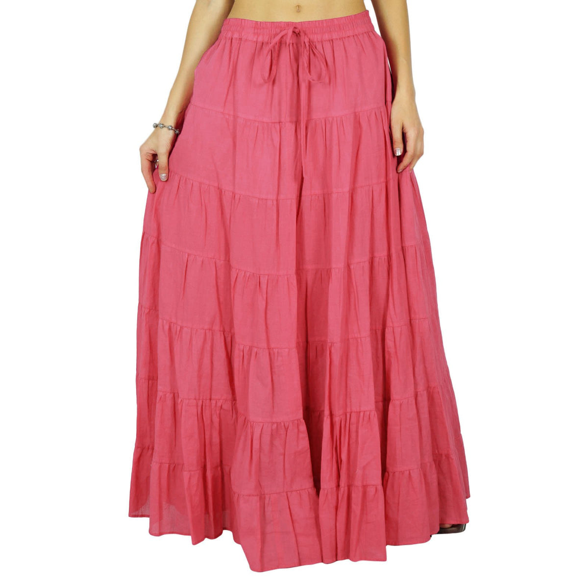 Solid Long Maxi Cotton Beach Wear Skirt For Women Elastic Waist Skirt Summer Wear