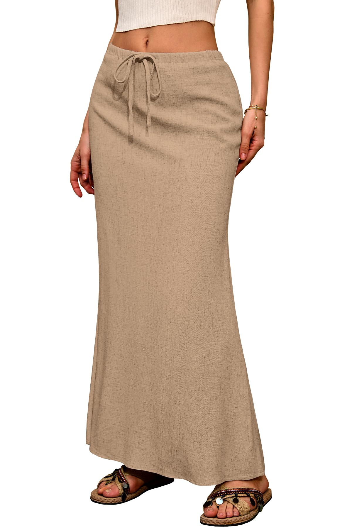ELLEVEN Linen Flared Maxi Skirt, Boho Flowy Ankle-Length Skirts for Women