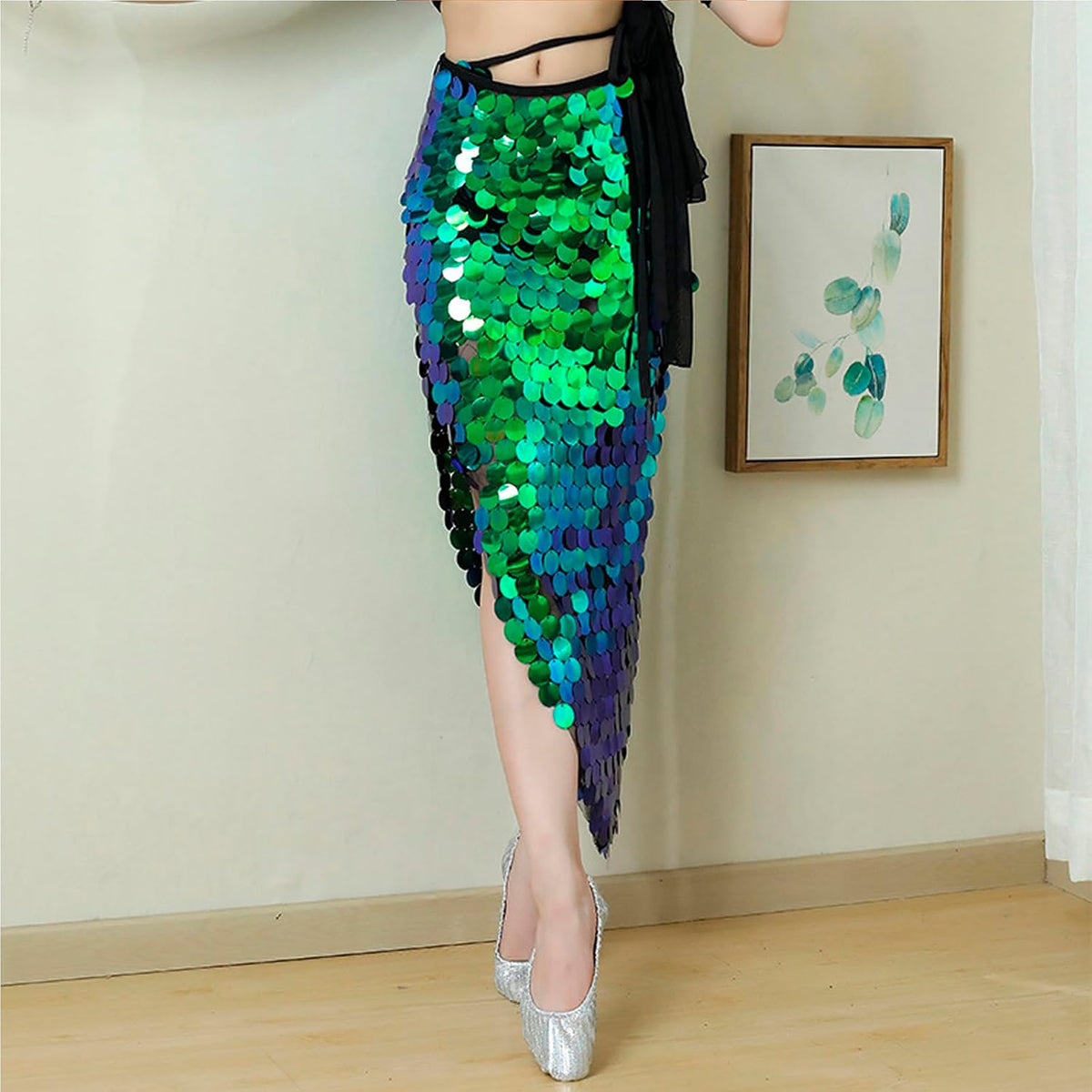 Shiny Sequins Skirt Belly Dance Hip Scarf for Women, Triangle Dancing Wrap Skirt Festival Performance Party Costume