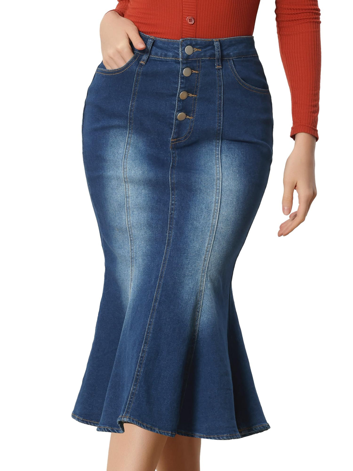 Allegra K Denim Skirt for Women Fishtail Midi Jean Skirts