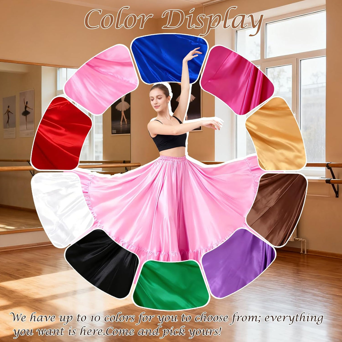 Satin Belly Dance Skirt for Women Maxi Midi Dress Circle Skirt Elastic Waist Stage Performance Holiday Party Dance Skirts
