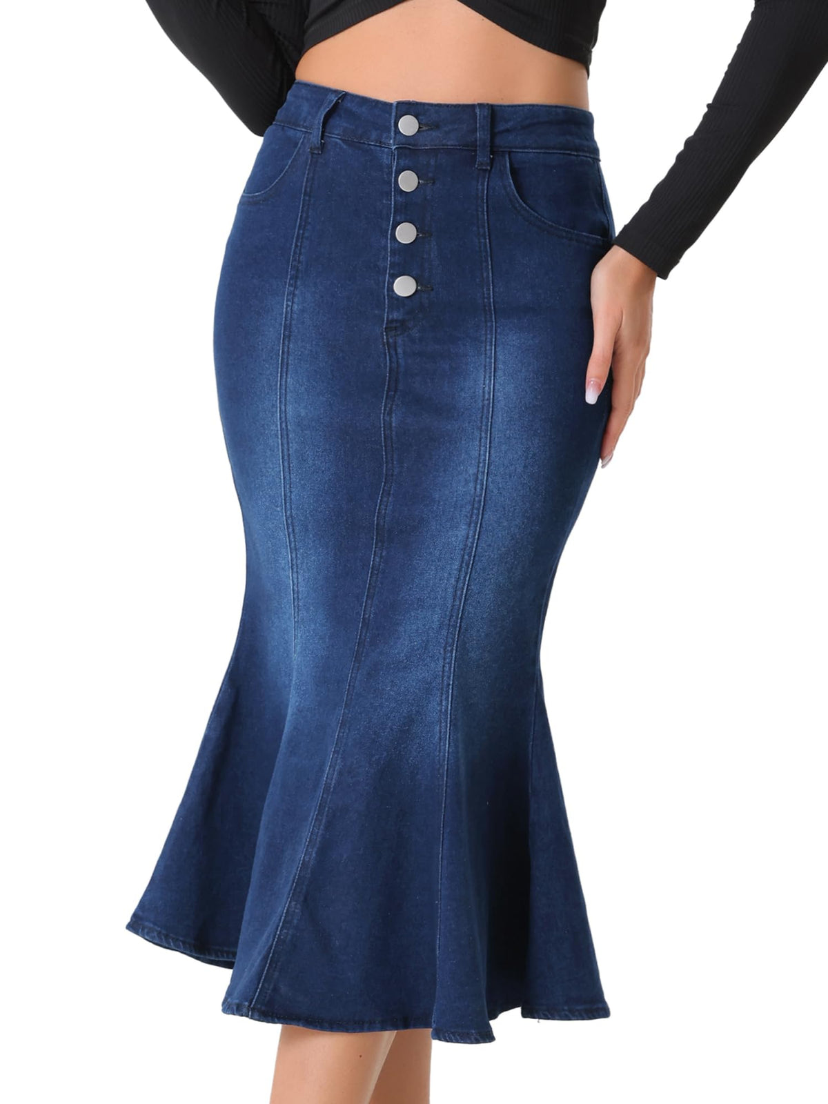 Allegra K Denim Skirt for Women Fishtail Midi Jean Skirts