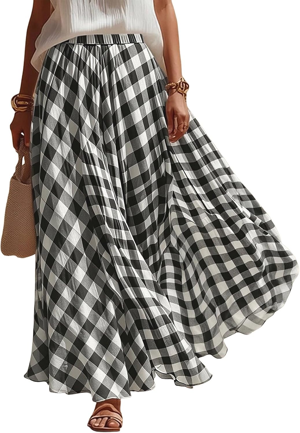 Women Vintage Checkered Plaid Maxi Skirt High Waisted Flowy A Line Casual Long Skirt