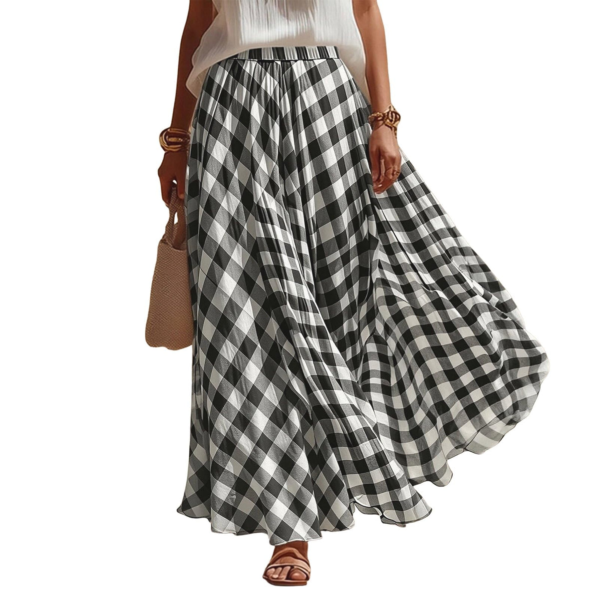 Women Vintage Checkered Plaid Maxi Skirt High Waisted Flowy A Line Casual Long Skirt