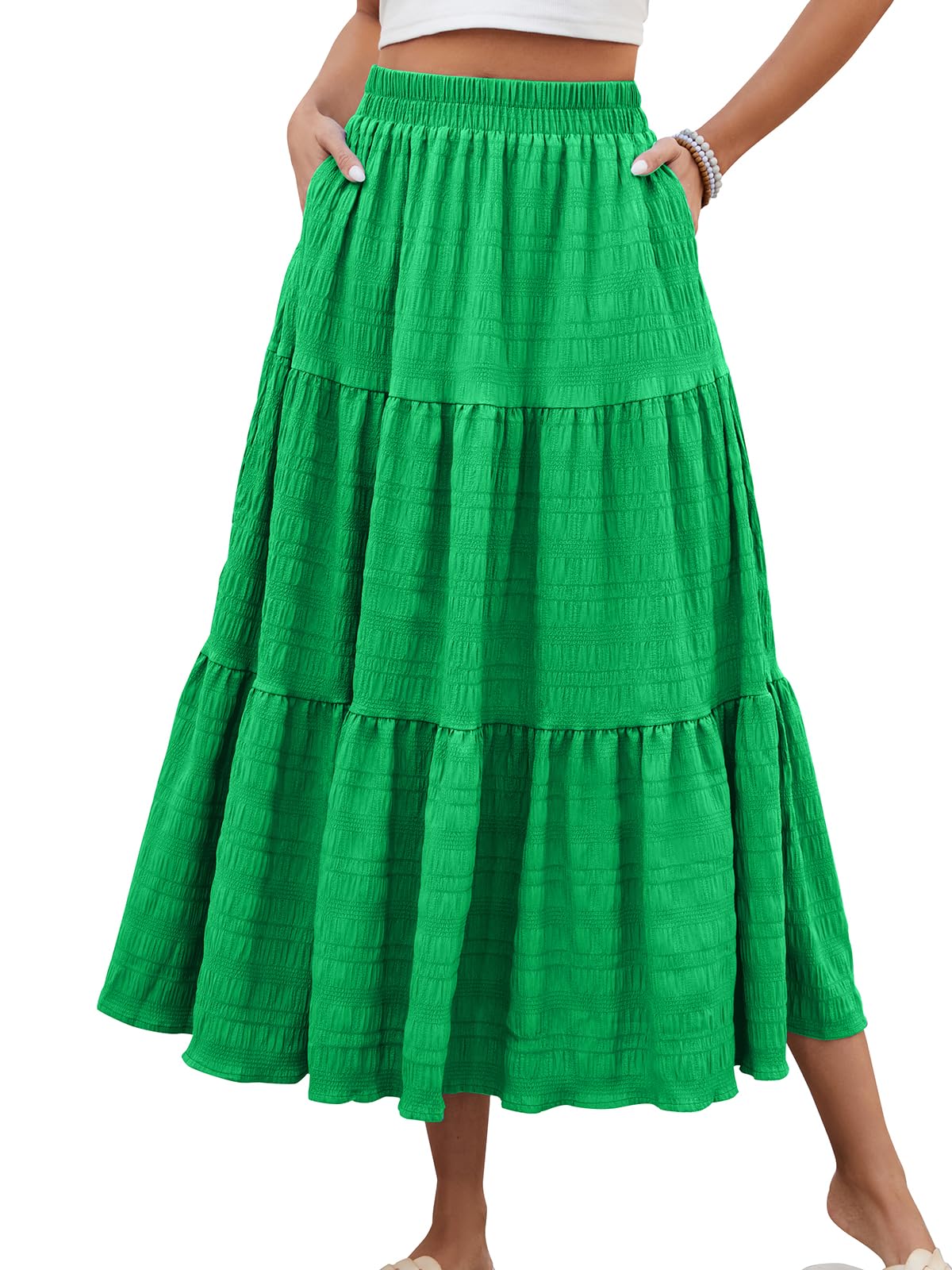 HUSKARY Women's Summer Casual Elegant Smock Layered Tiered Maxi Skirt High Waisted A Line Flowy Long Skirts with Pockets