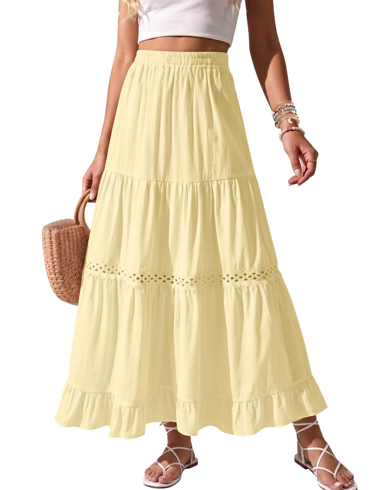 Womens Long Maxi Cotton Summer Boho Tiered A Line Skirts
