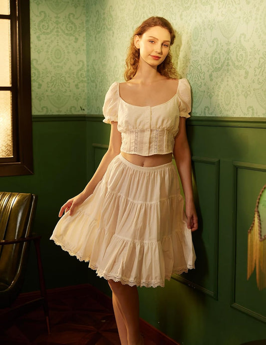 BEAUTELICATE Women 100% Cotton Skirt 3 Tiered A-Line Retro Medieval Skirt