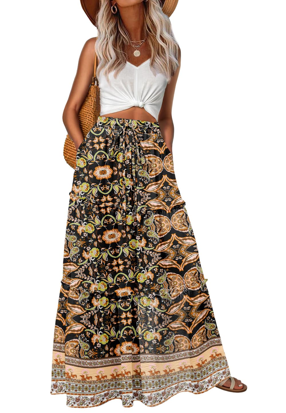 Lepunuo Womens Casual Boho High Waisted Flowy Maxi Skirts Tiered Floral Long Skirts with Pockets for Summer Beach Vacation