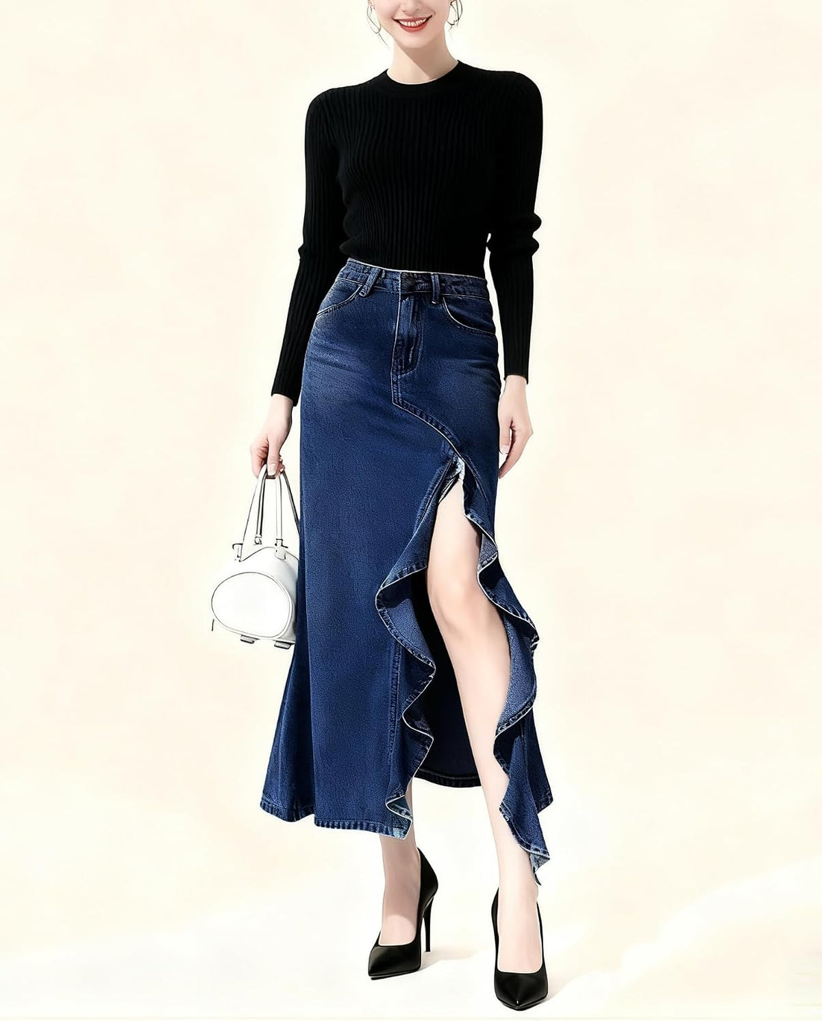 utcoco Women's Sexy Slit Denim Skirt Elegant Ruffle Fishtail Skirt Stretch High Waist Jean Skirts