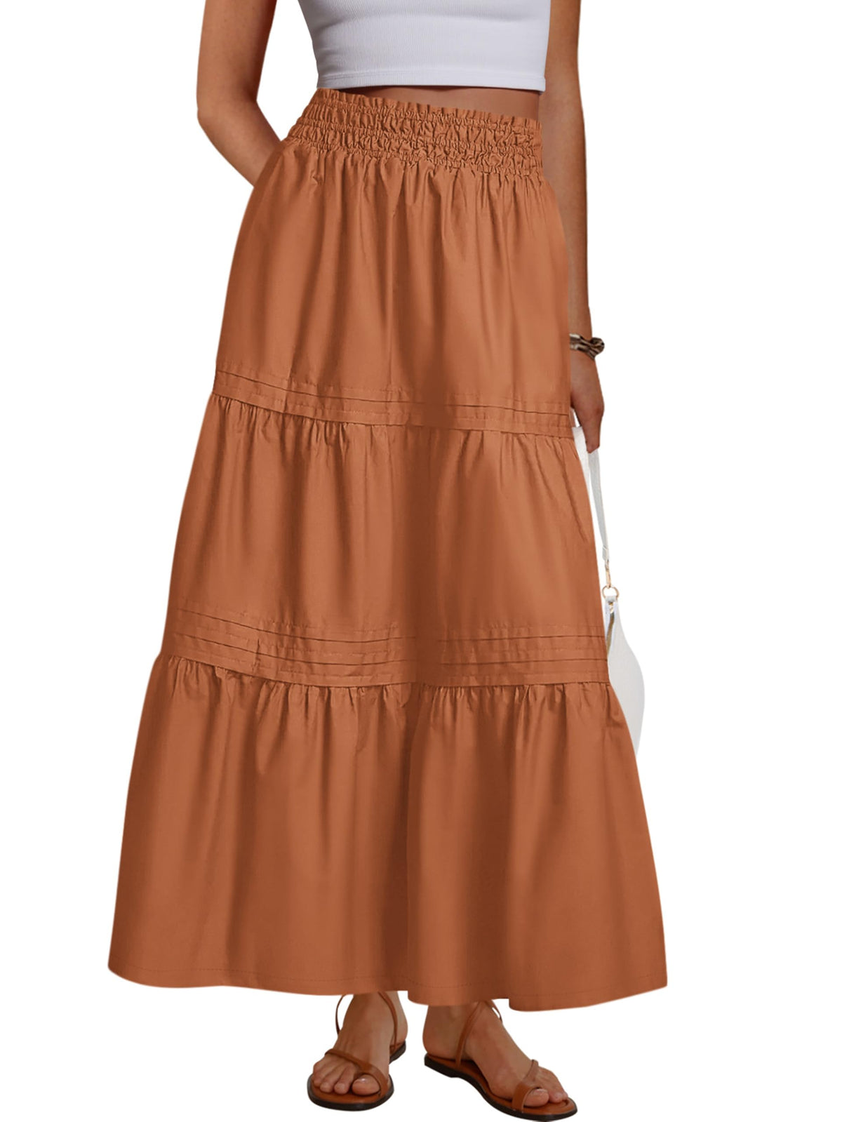 MASCOMODA Casual Long Skirts for Women Boho Swing A Line High Waisted Tiered Flowy Maxi Skirt with Pockets Beach Summer 2026