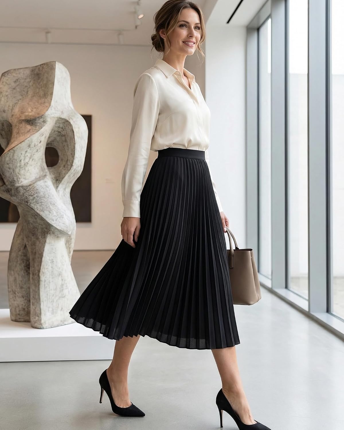 Shestellar Pleated Midi Skirt for Women Outfits Chiffon A-Line