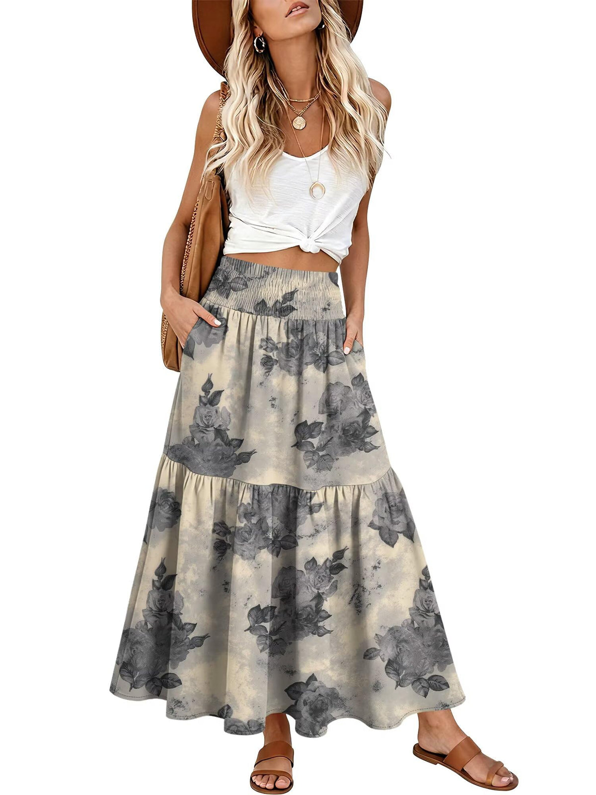 StunShow Women's Maxi Skirts Boho High Waisted Flowy A Line Pleated Beach Long Skirt with Pockets(S-XXL)