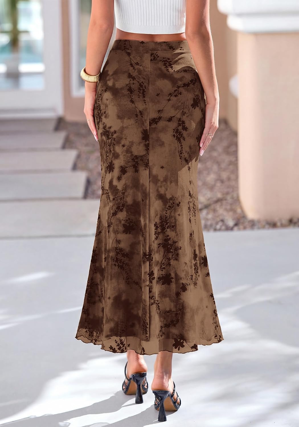 BTFBM Womens Floral Mesh Maxi Skirts