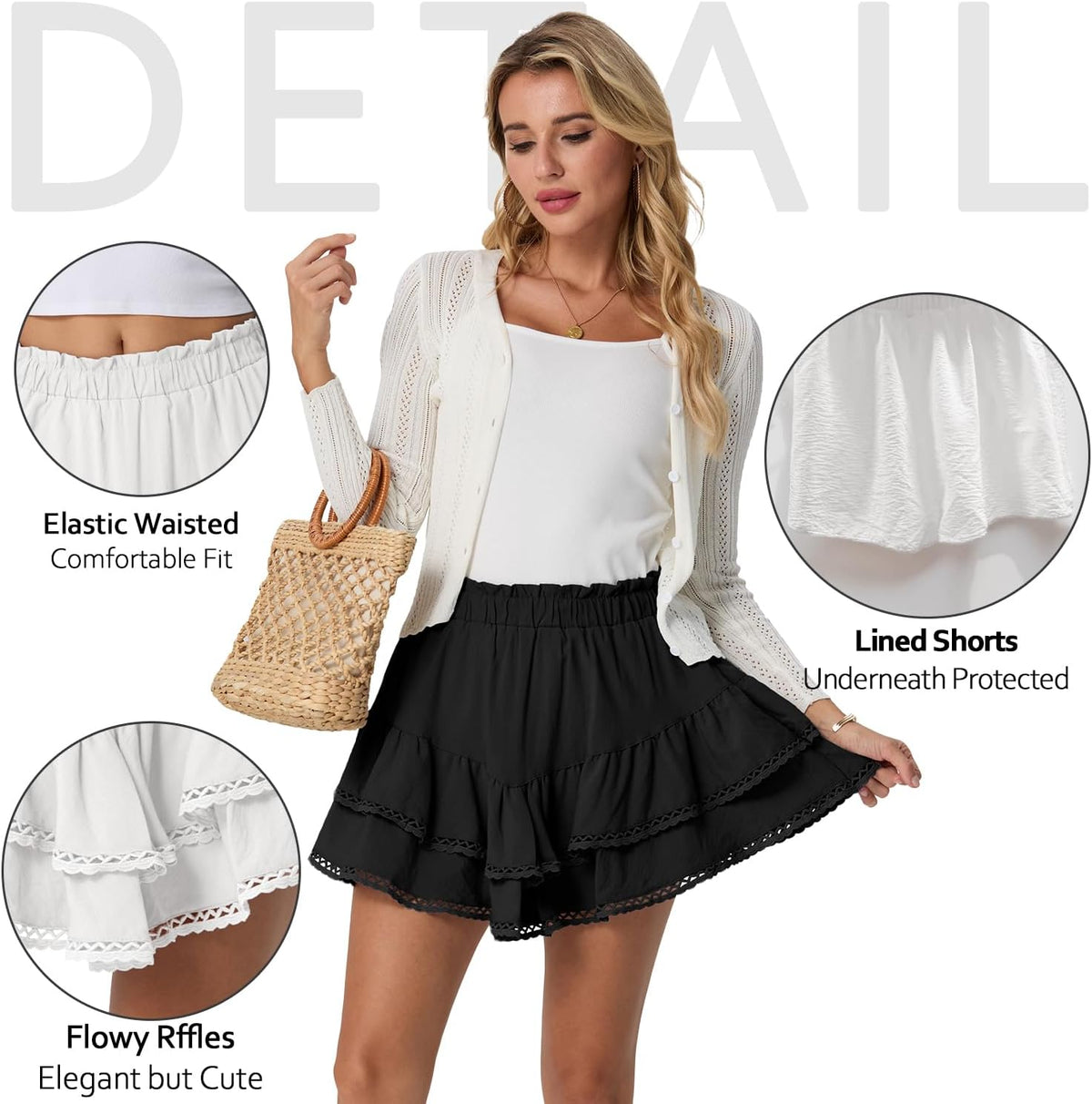 Lepunuo Boho Shorts for Women High Waisted Ruffle Tiered Flowy Skirts with Shorts Underneath Western Skorts
