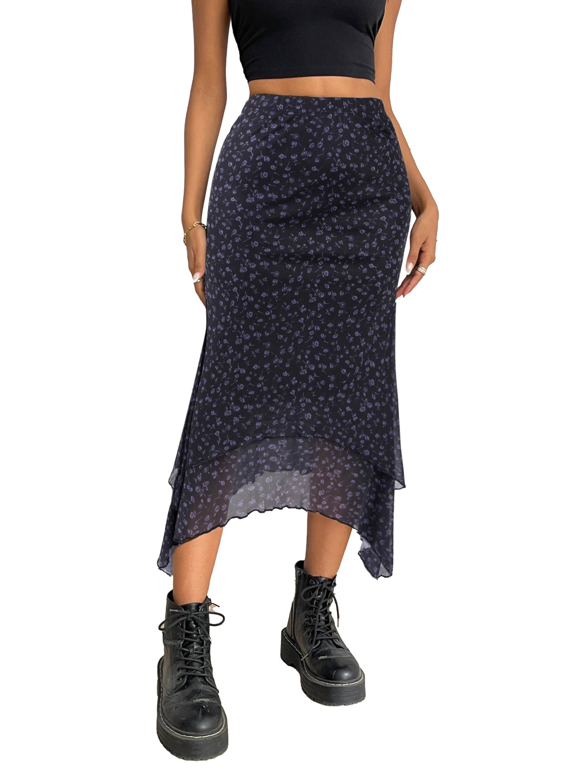Avanova Women Mesh Asymmetrical Mermaid Midi Skirt High Waist Fishtail Long Skirt
