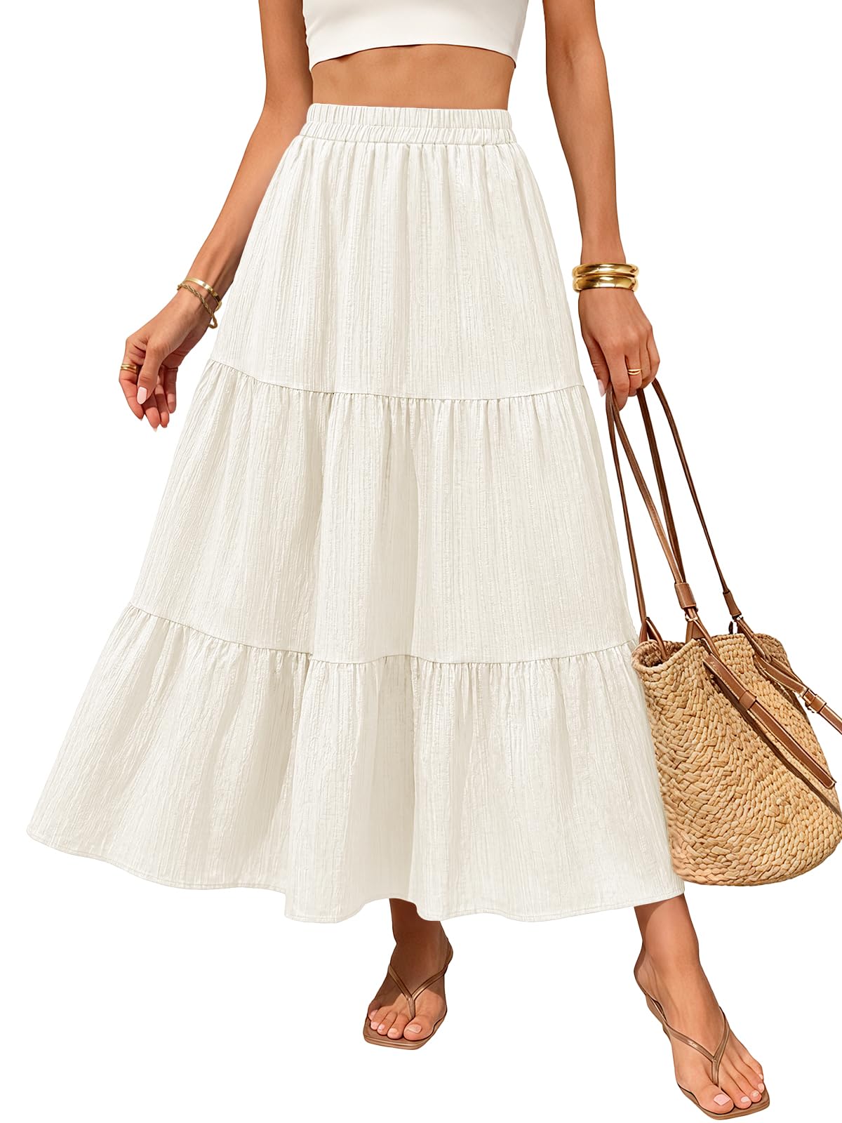 Women's Flowy A-Line Maxi Skirts 2026 Summer Elastic High Waist Tiered Textured Beach Vacation Long Skirt