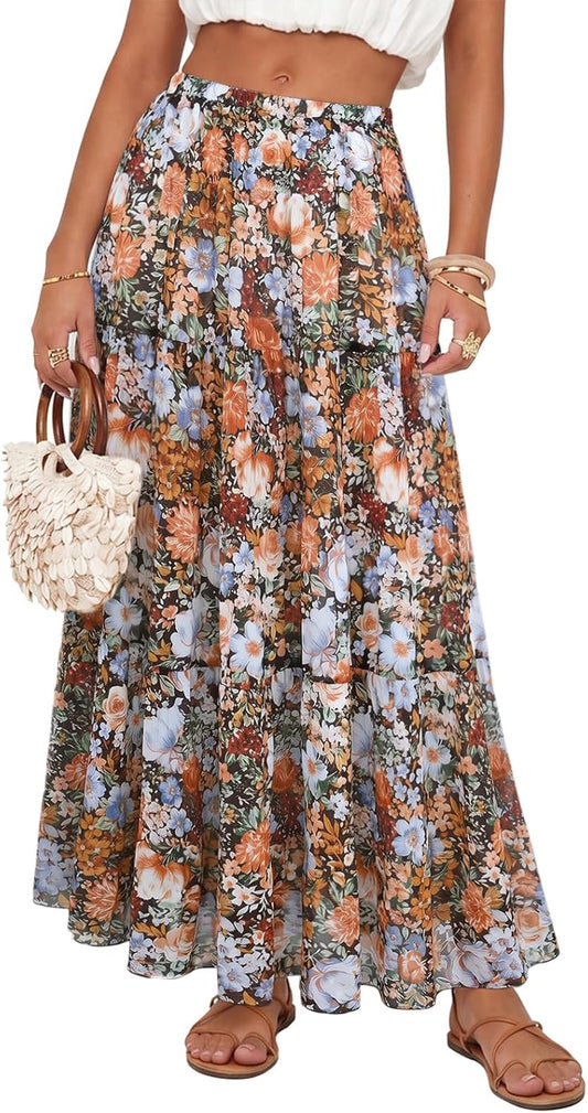 Women's Chiffon Maxi Skirt Pleated High Waisted Flowy Long Skirts