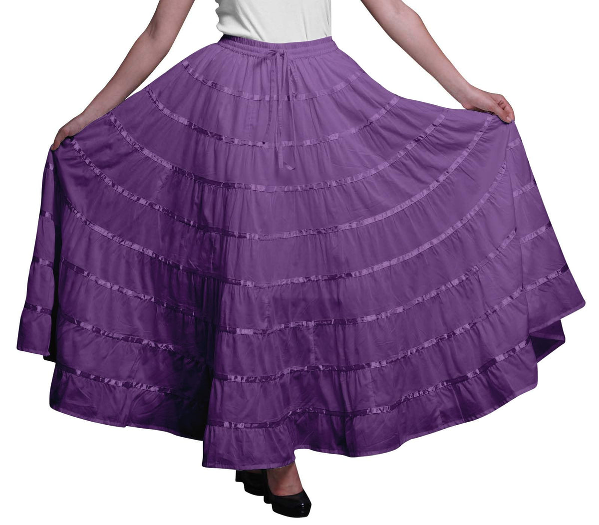 Solid Long Maxi Cotton Beach Wear Skirt for Women Elastic Waist Skirt Summer Wear