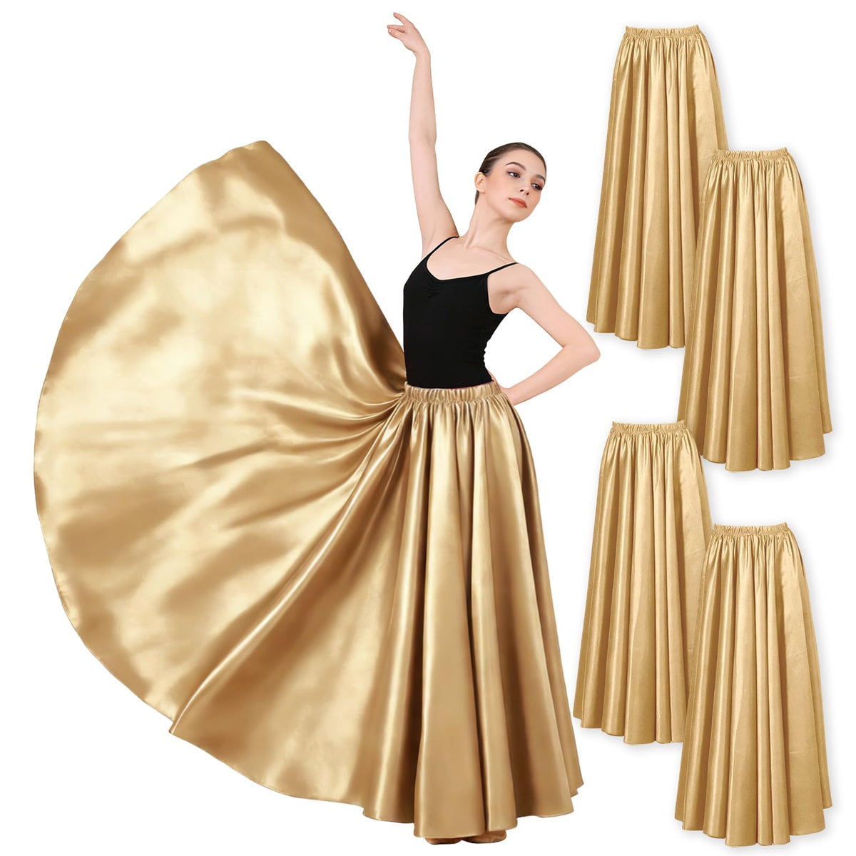4PCS Satin Dance Skirt for Women Ankle Length Full Circle Women Maxi Shiny Skirt for Flamenco Belly Dance Party