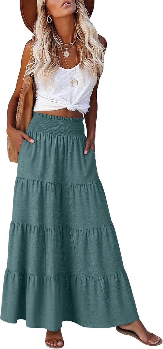 ANRABESS Womens Maxi Skirts, Elastic High Waist A-Line Tiered, Long Flowy Boho Skirts, Summer Casual Beach & Vacation Wear