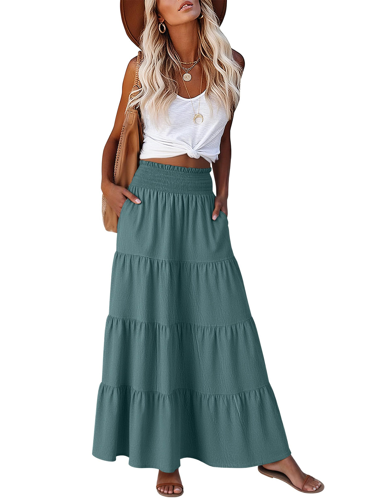 ANRABESS Womens Maxi Skirts, Elastic High Waist A-Line Tiered, Long Flowy Boho Skirts, Summer Casual Beach & Vacation Wear