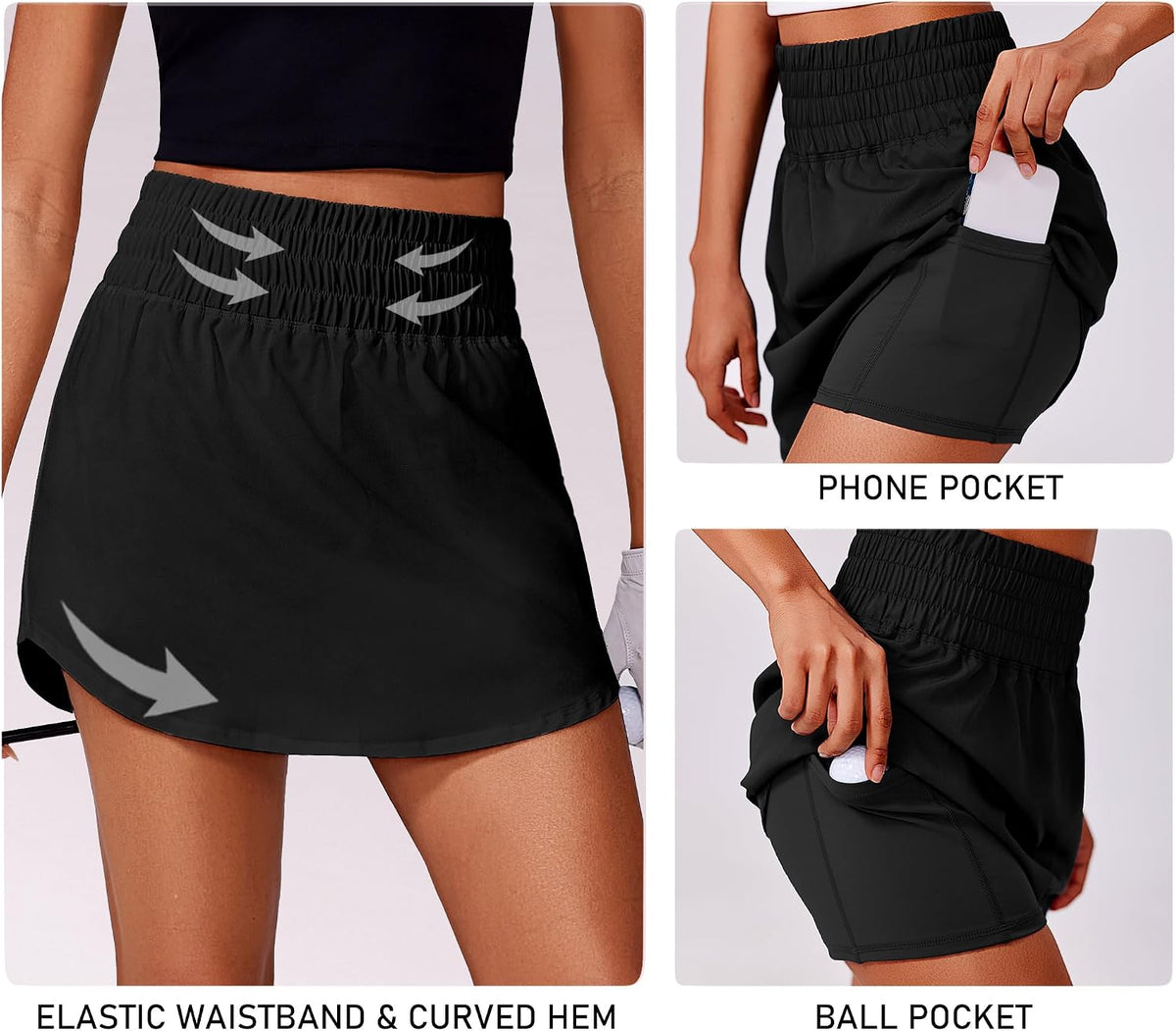 PINSPARK 16" Golf Skirts for Women High Elastic Waisted Skort 2 Pockets