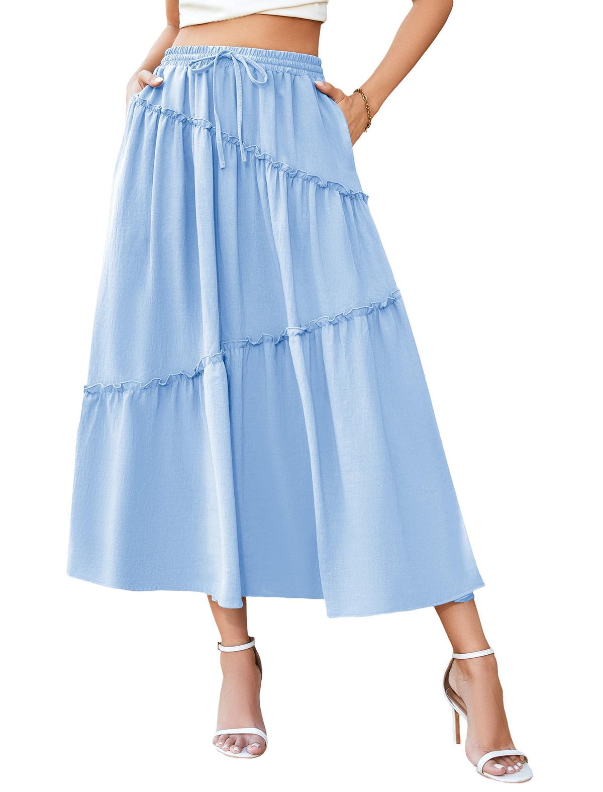 Gracyoga Womens Summer Casual Maxi Skirts Smocked Layered Tiered High Waisted A Line Flowy Long Elegant Skirt with Pockets