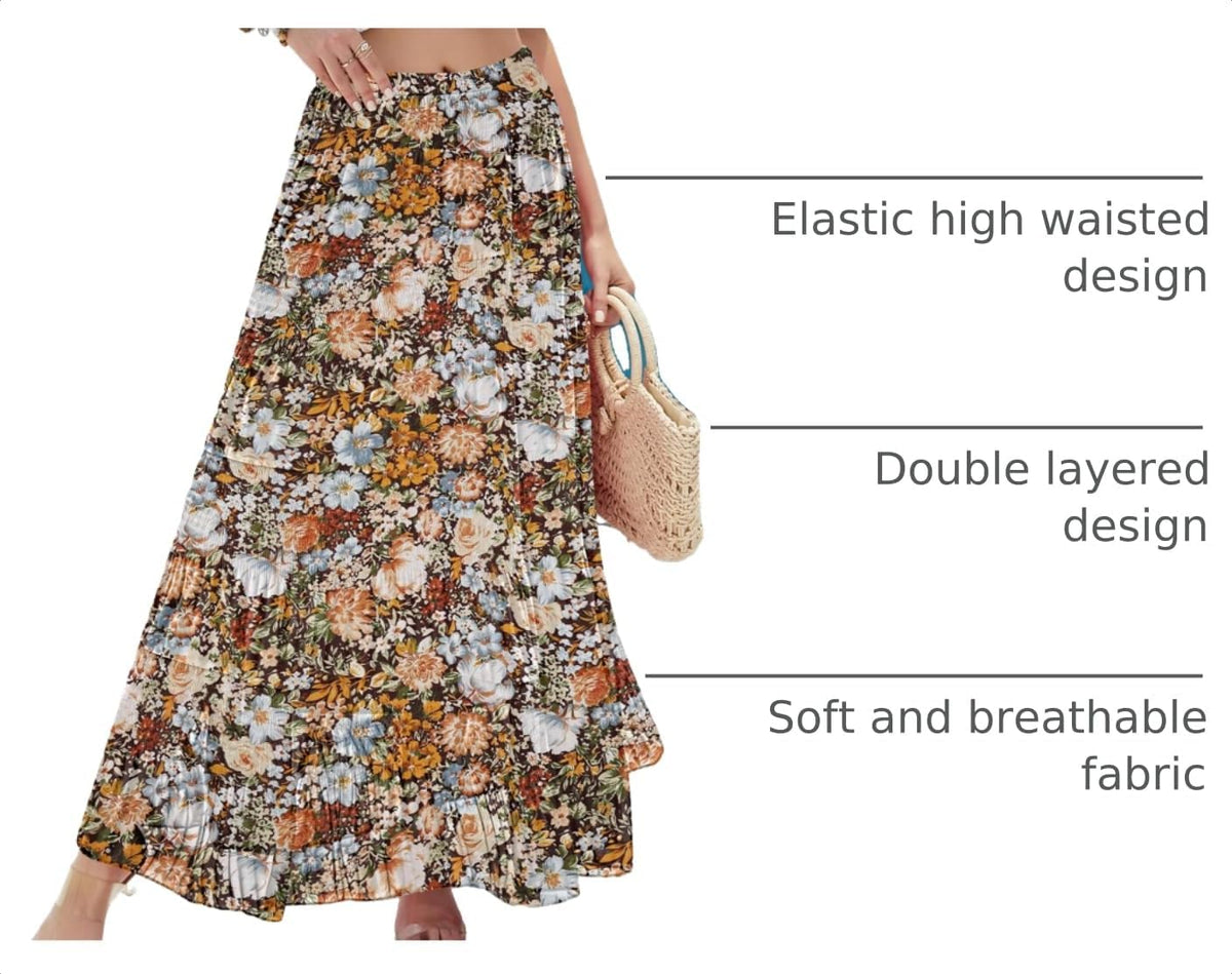 CYiNu Women's Chiffon Elastic High Waist Tiered Pleated Floral Printed A-Line Boho Long Maxi Skirts