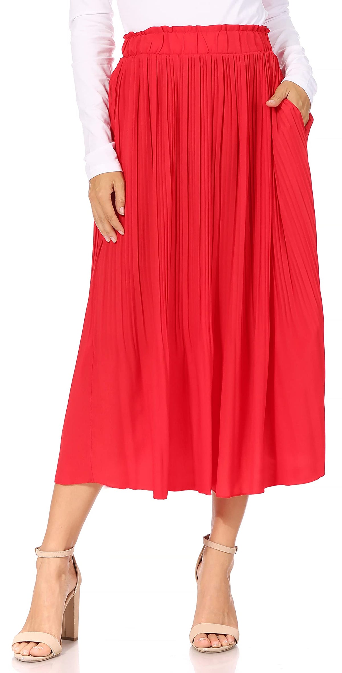 Simlu Pleated Midi Skirts for Women with Pockets, Elastic High Waisted Skirt Reg & Plus Size Womens Summer Skirts Trendy 2023