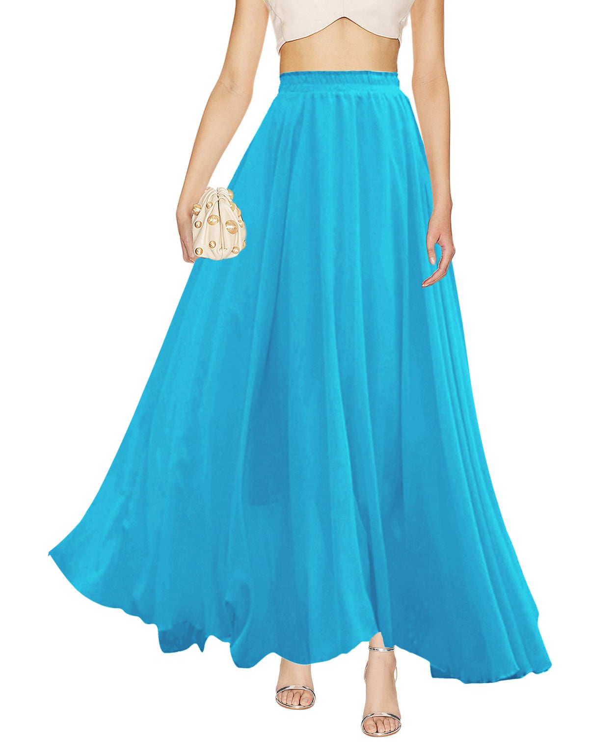 v28 Women Full/Ankle Length Elastic Pleated Retro Maxi Chiffon Long Skirt