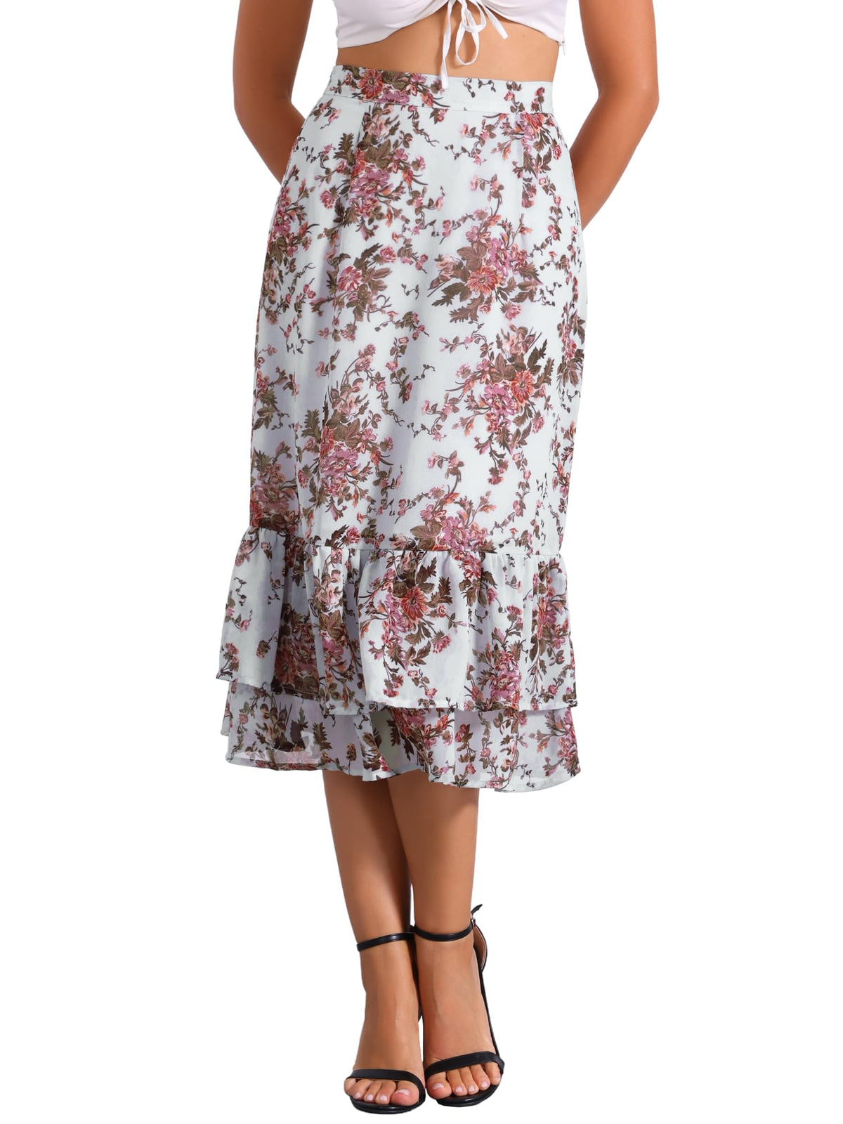 Allegra K Women's Printed Skirt Chiffon Ruffle Tiered Flowy Midi Skirts