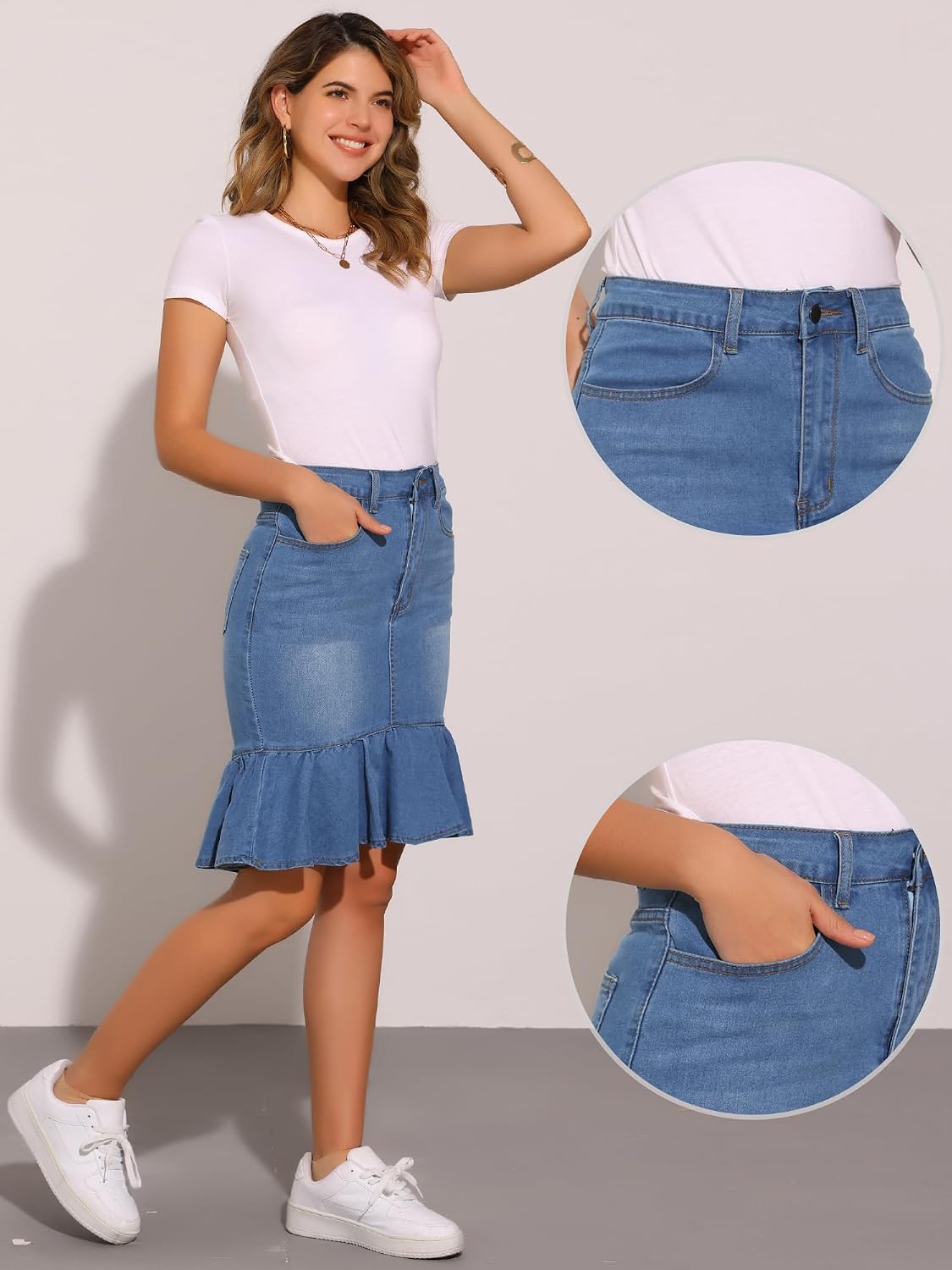 Allegra K Denim Skirt for Women's Summer 2026 Bodycon Fishtail Ruffled Knee Length Jean Skirt
