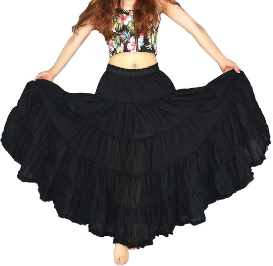 Women's Maxi Skirt Boho Pleated Cotton 5 Tiered Long A-Line Dance Skirts