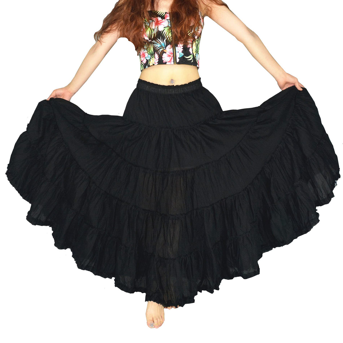 Women's Maxi Skirt Boho Pleated Cotton 5 Tiered Long A-Line Dance Skirts