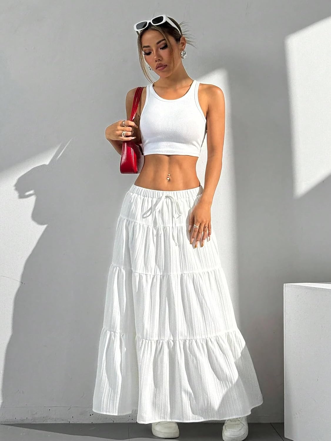 Maxi Skirt for Women Long Boho Flowy Ruffle Elastic High Waist