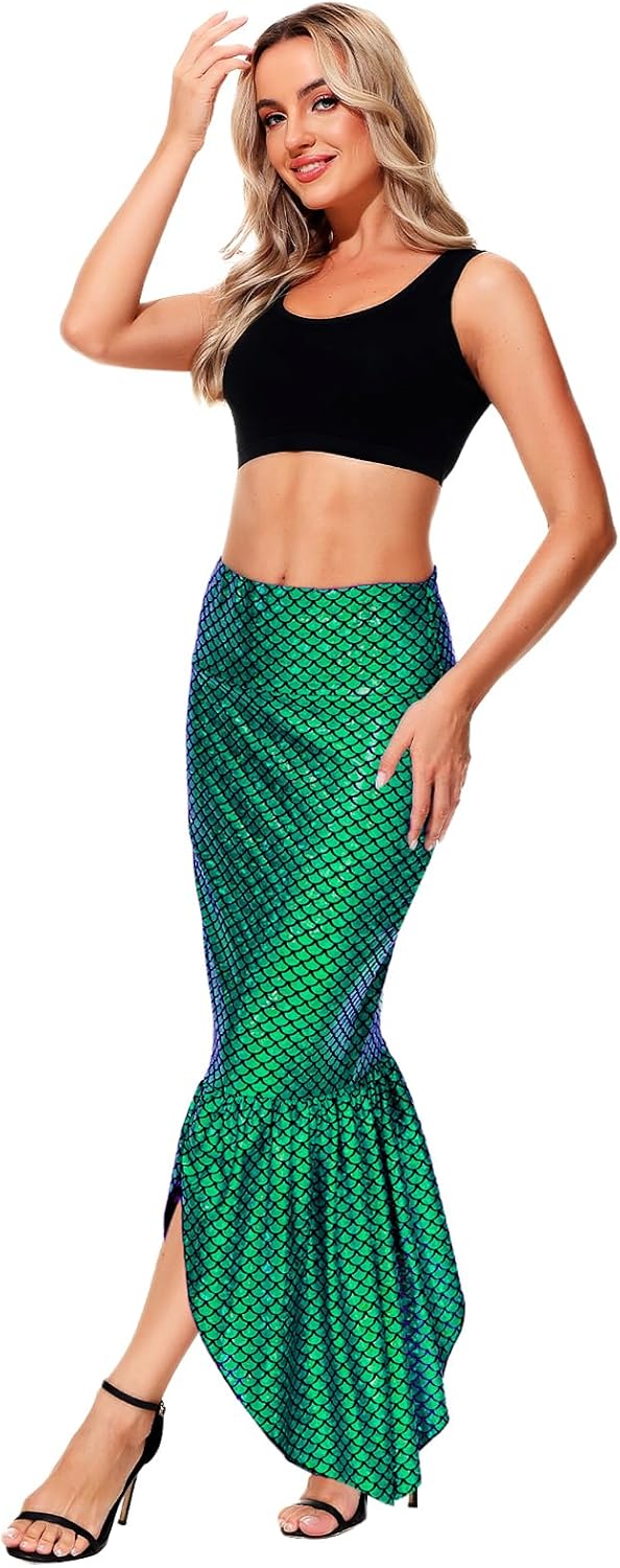 AOBUTE Women Mermaid Costume Skirt Shiny Maxi Fish Skirts Halloween Cosplay Outfits